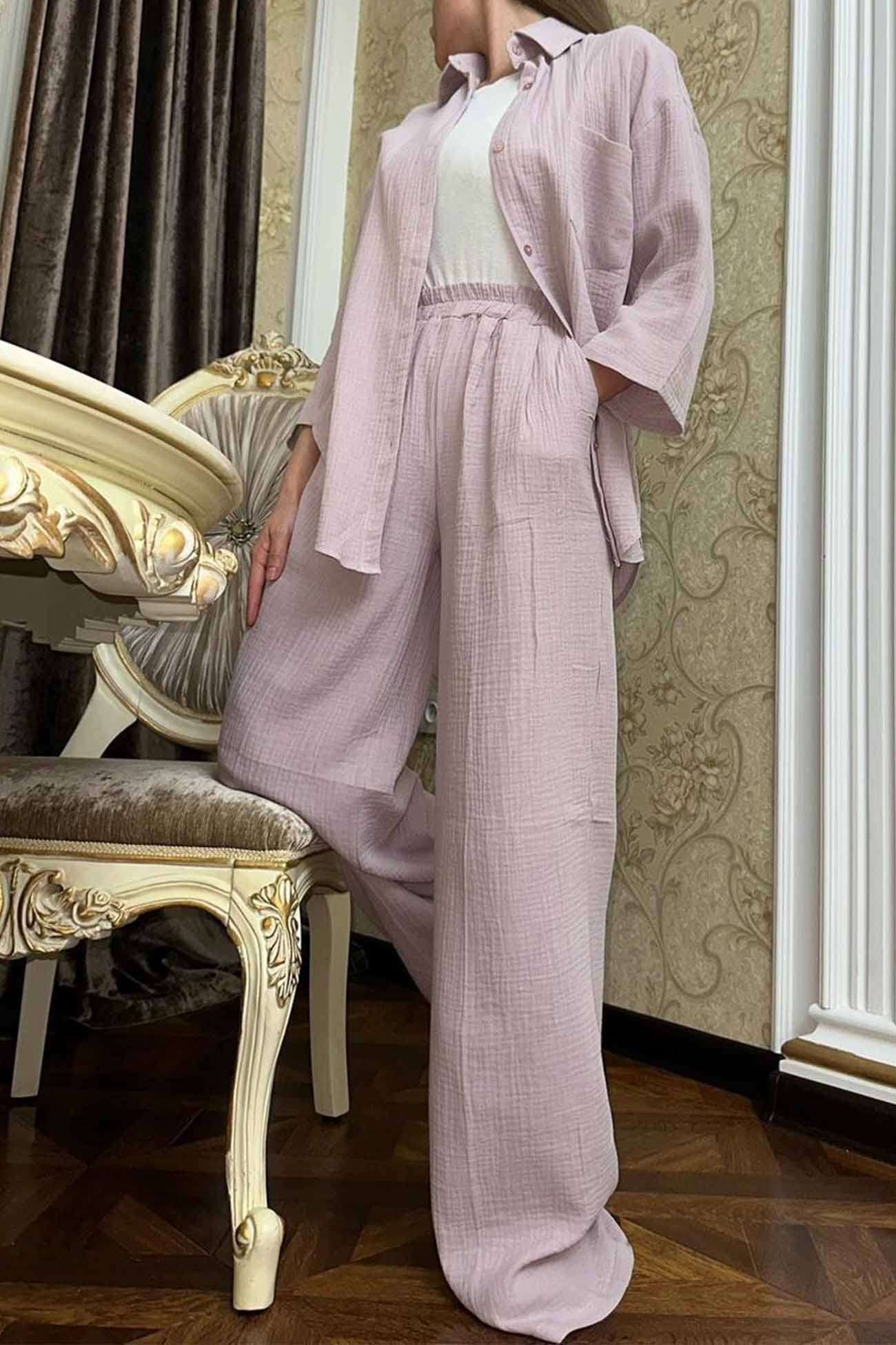 Hannelore | Two piece set with wide leg pants and button belt