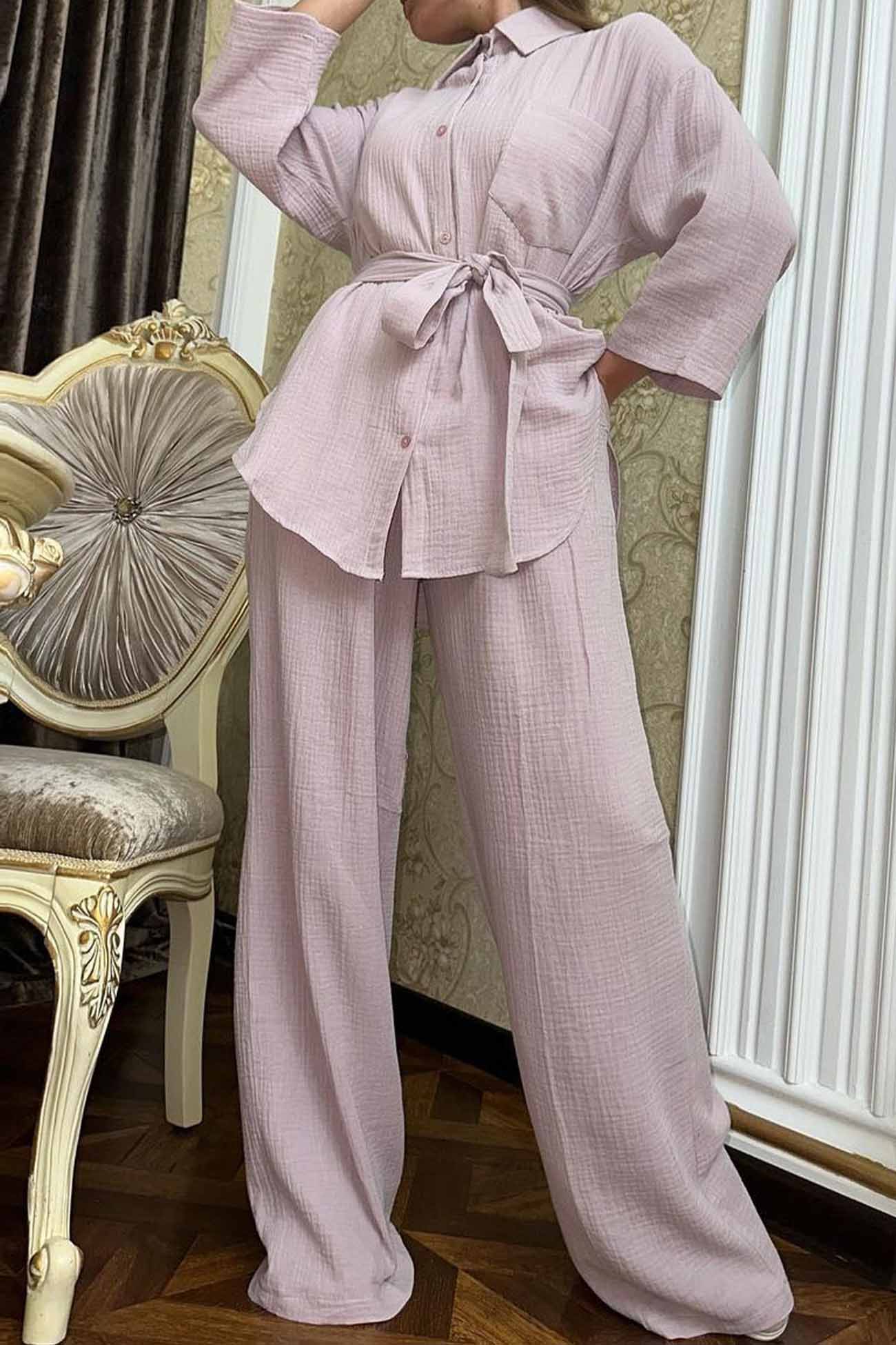 Hannelore | Two piece set with wide leg pants and button belt