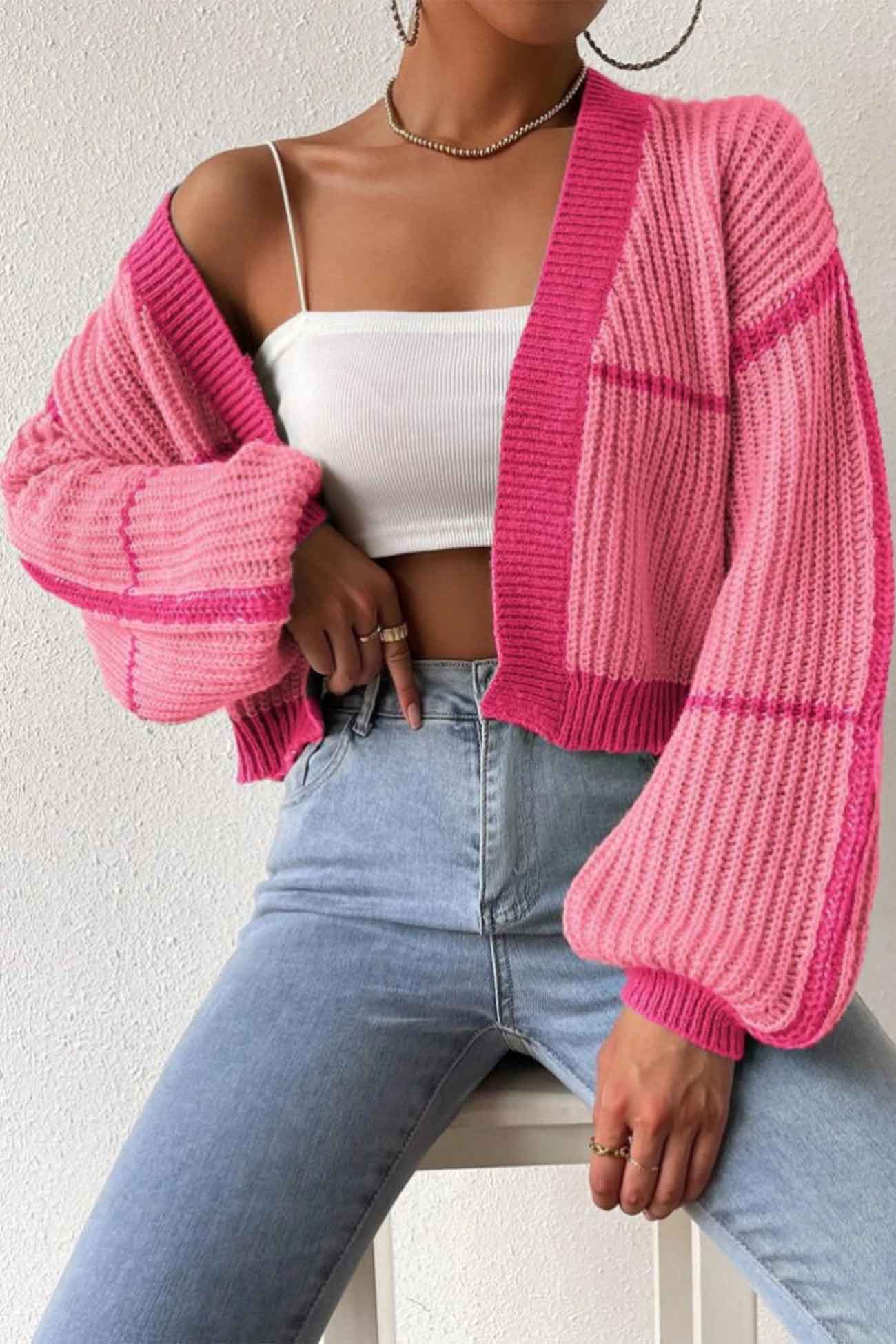 Felisa | Long sleeve open front patchwork knit cardigan