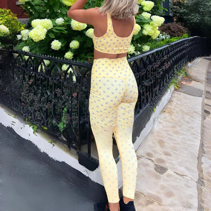 Plaid Bow Print Crop Tank High Waist Slim Leggings Two Pieces Set