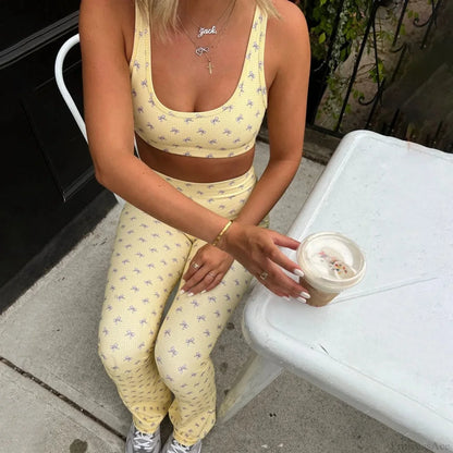 Plaid Bow Print Crop Tank High Waist Slim Leggings Two Pieces Set