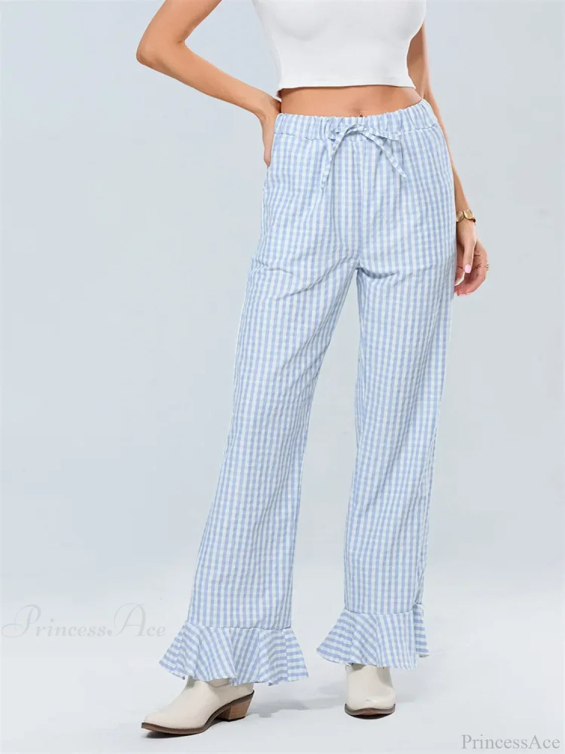 Plaid Flared Drawstring High Waist Casual Pant