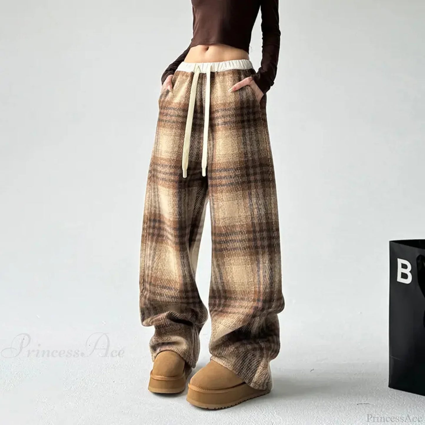 Plaid Fleece High Waist Casual Pants