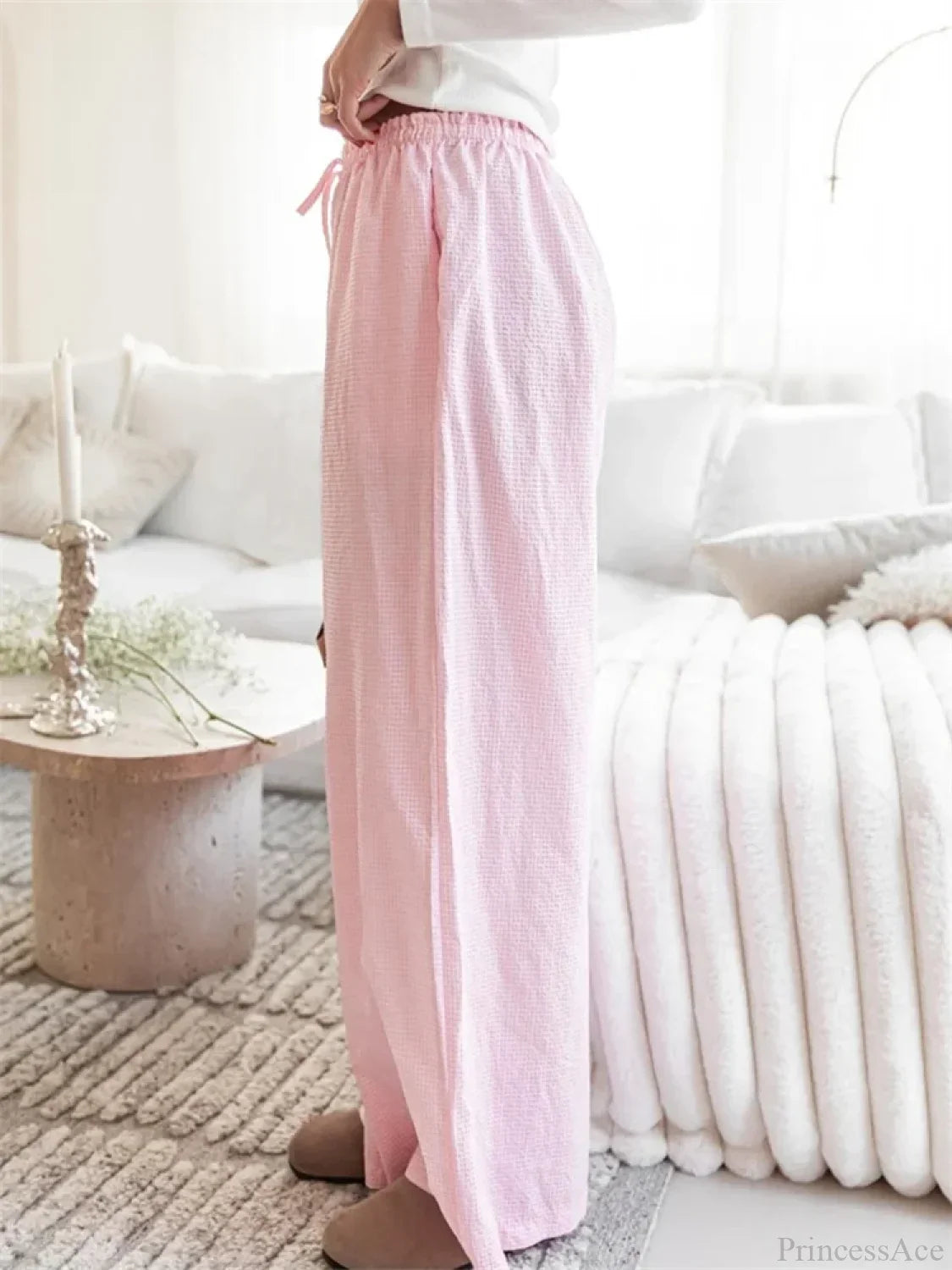 Plaid Print Drawstring Elastic Waist Loose Pant