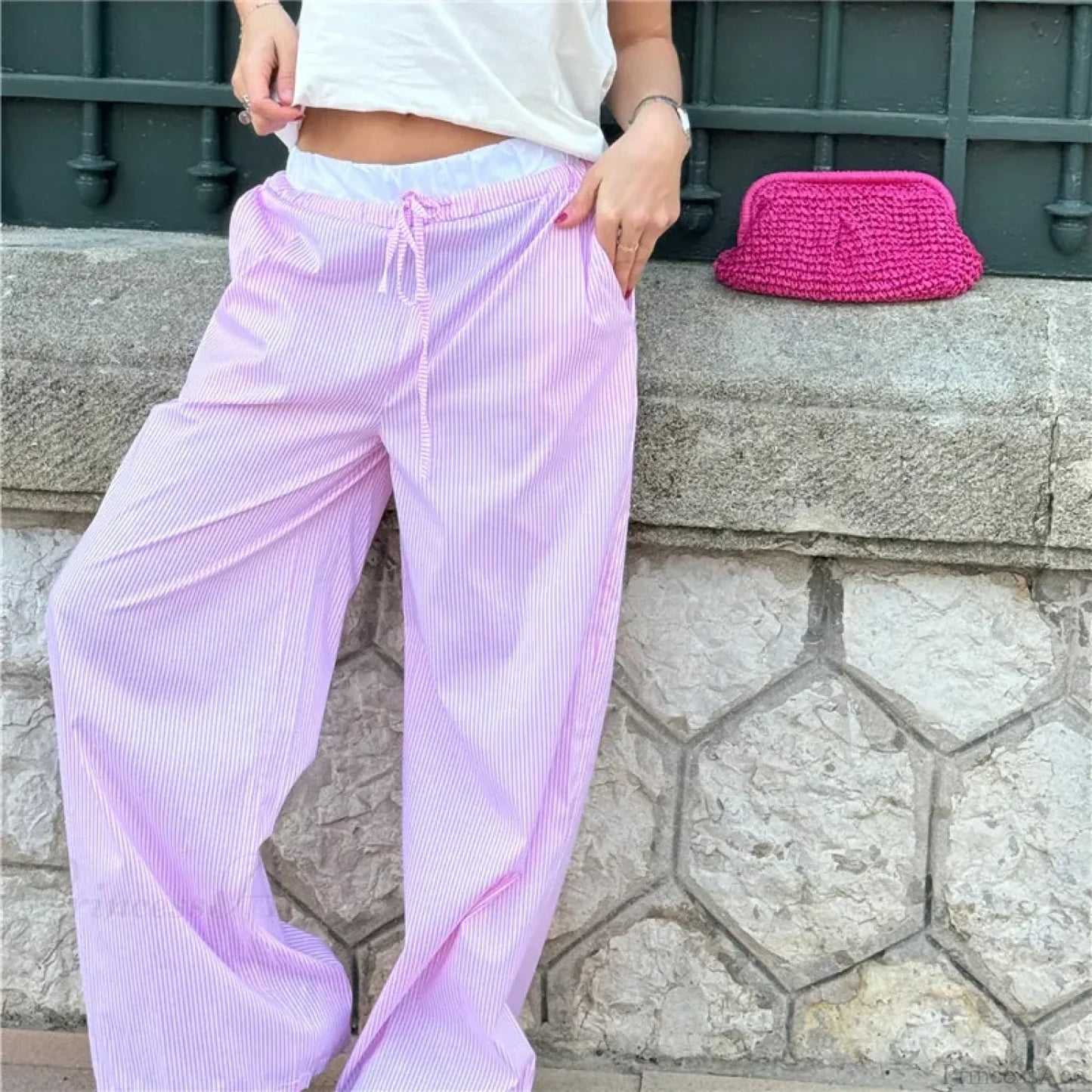 Plaid Print Elastic Drawstring Work Office Pant