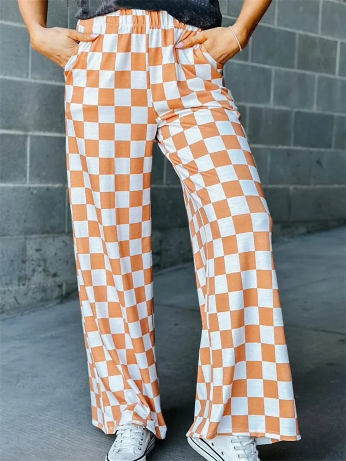 Plaid Print Wide Leg Elastic Waist Casual Pant
