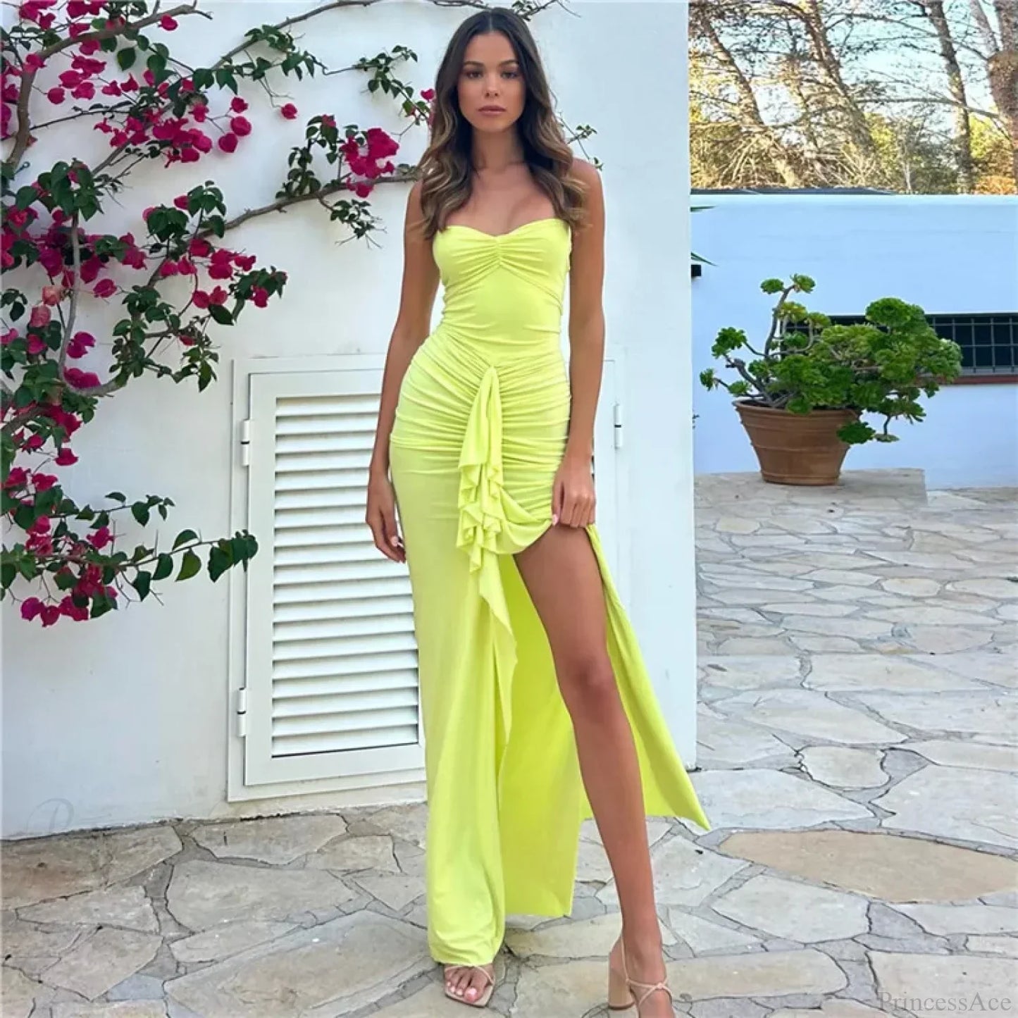 Pleated Strapless Maxi Vacation Dress