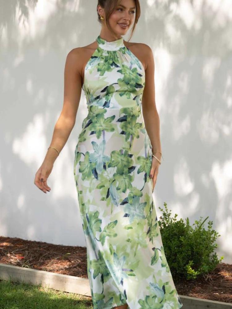 Renata® | Printed Halterneck Midi Dress In Backless Satin