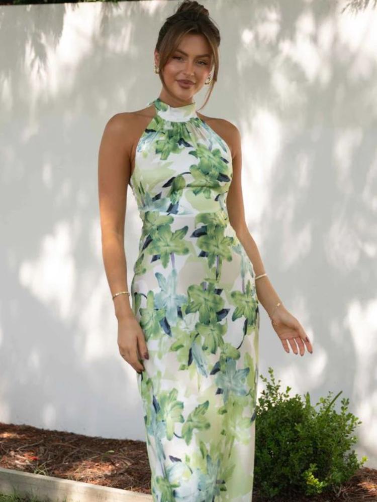 Abigail® | Printed Halterneck Midi Dress In Backless Satin