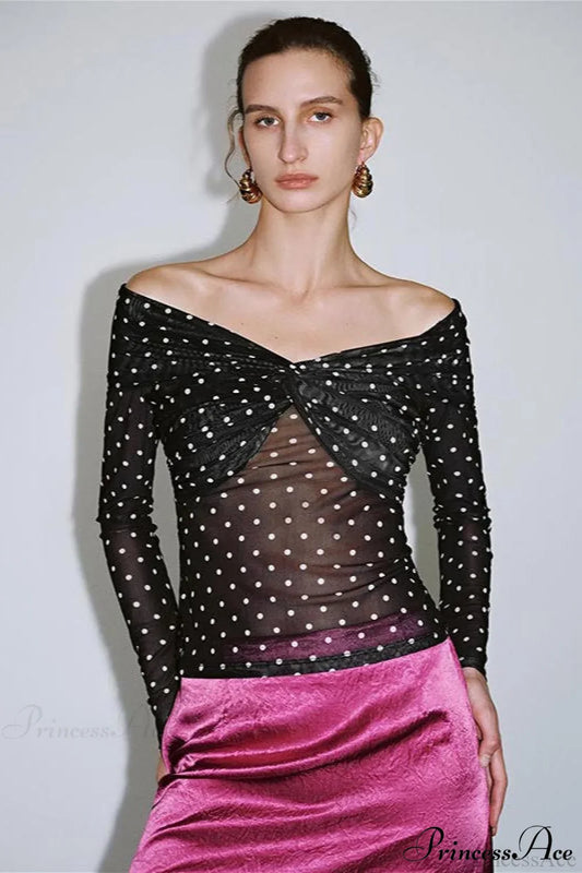 Polka Dot Off Shoulder Ruched Short Long Sleeve Tee