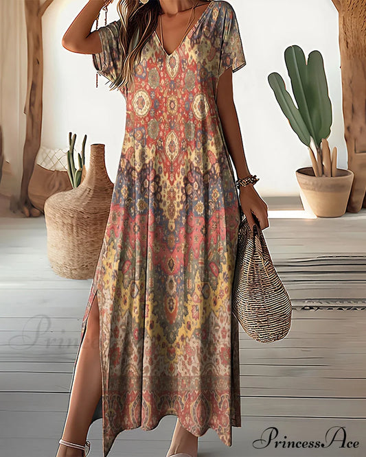 Printed V-neck dress with slit