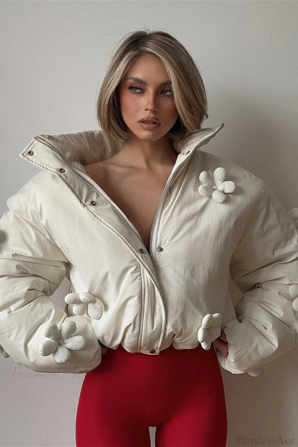 Puffer Hooded Flower Trim Casual Coat