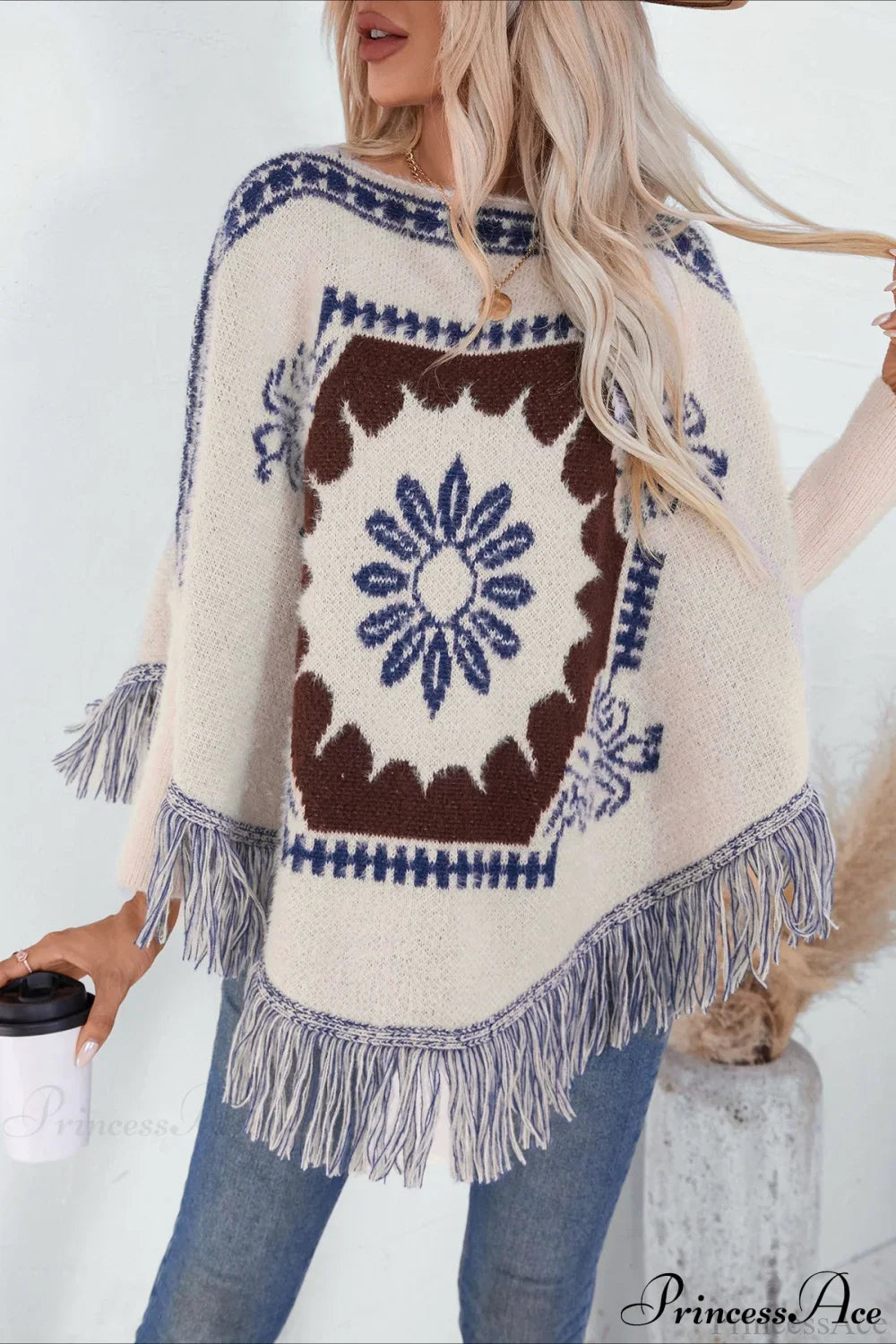 Pullover Knit Ethnic Long Sleeve Blouse