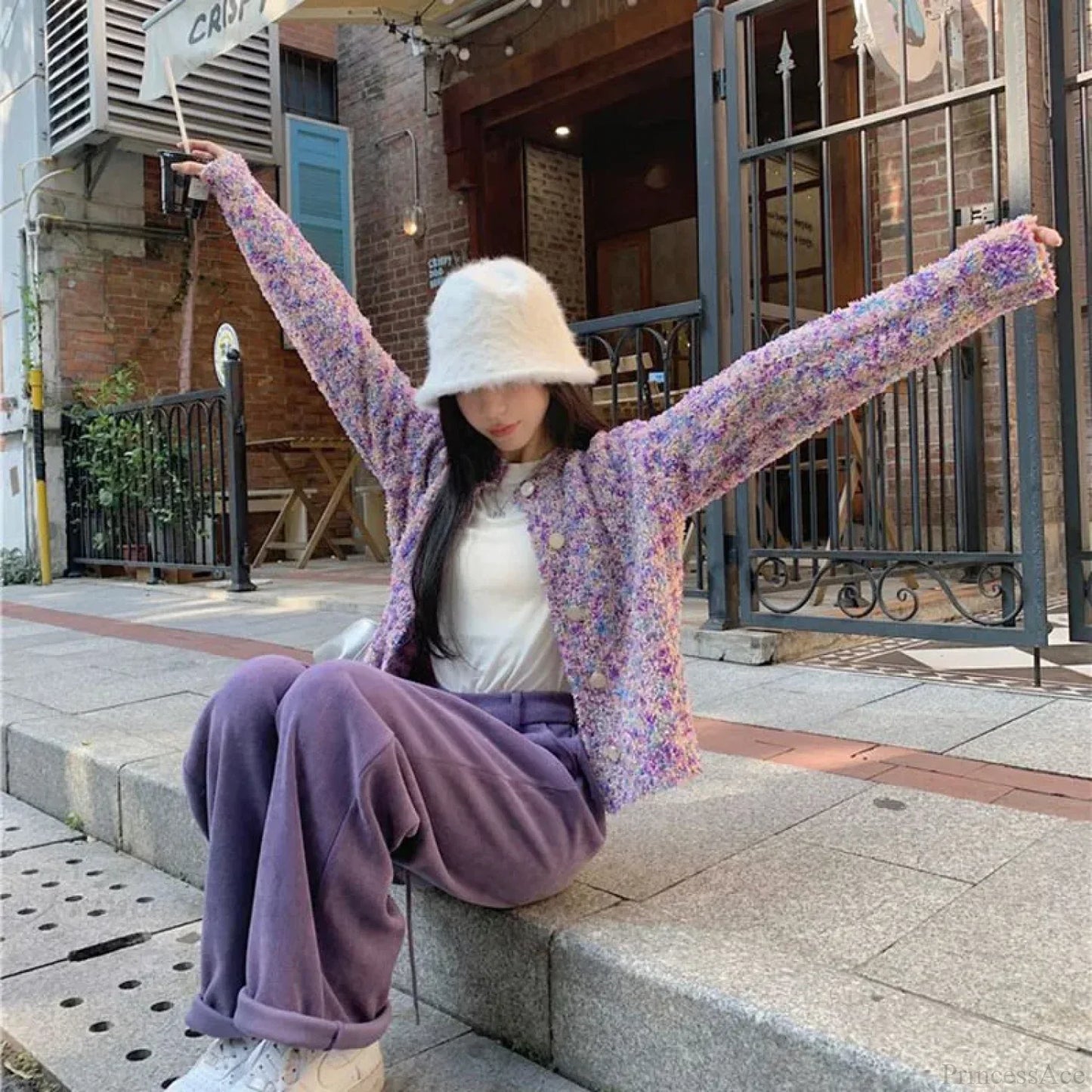 Purple Floral Lazy Wind Loose Knit Cardigan
