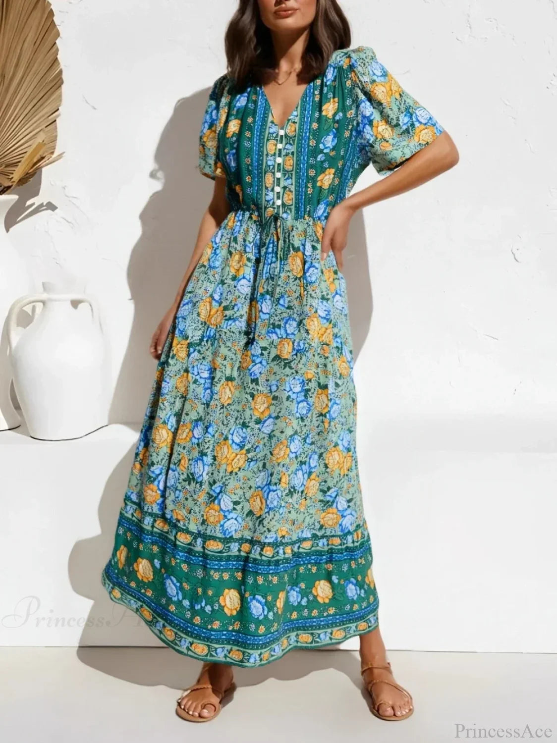Purple Floral Print Button V-neck Pleated Rayon Vacation Maxi Boho Dress