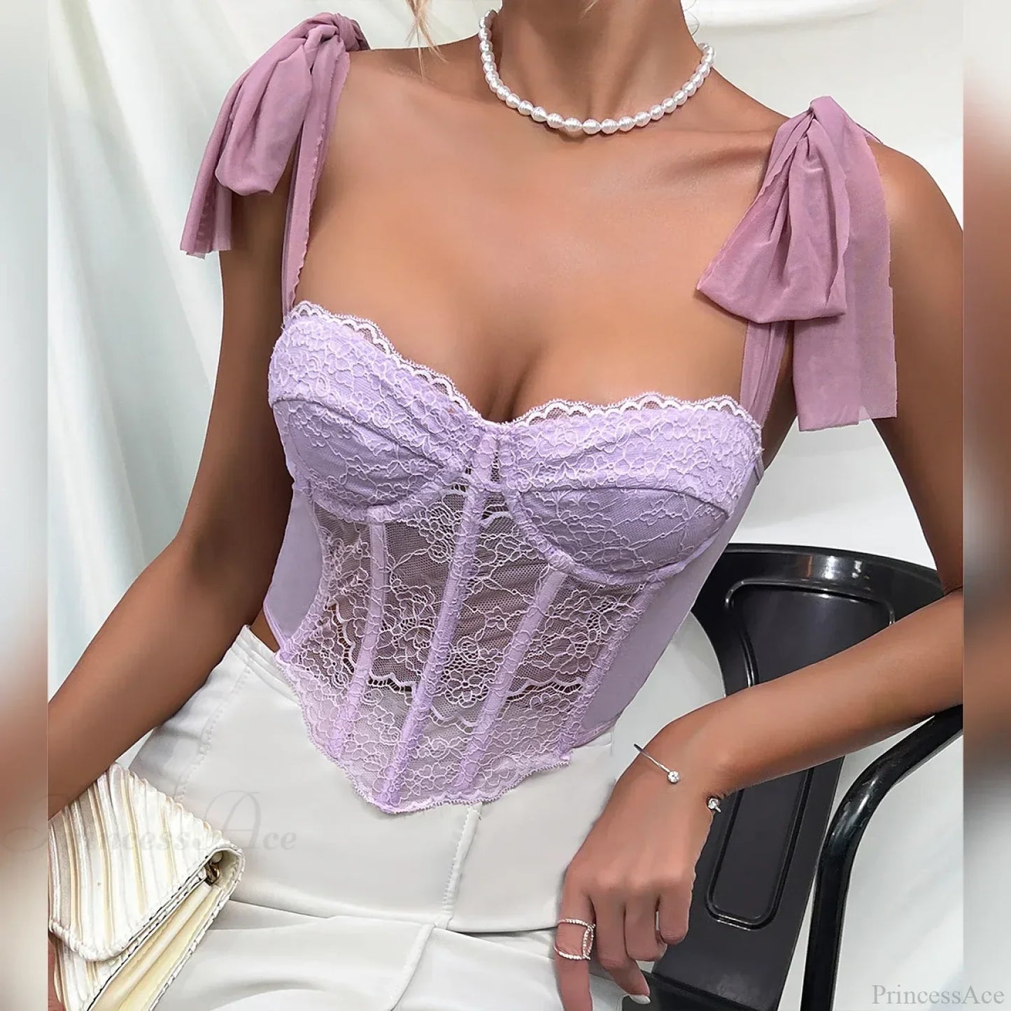 Purple Lace Bow Shoulder Strap Fishbone Crop Top