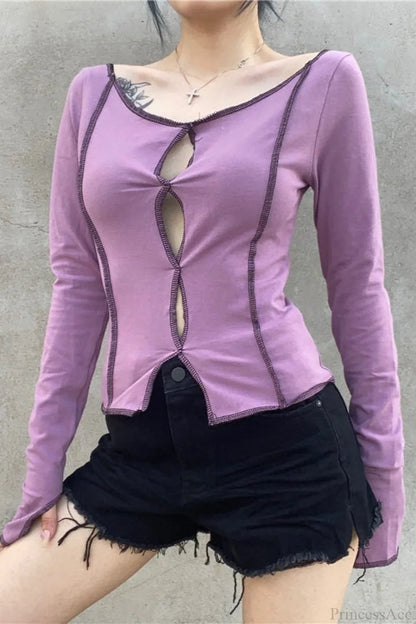 Purple Sexy Color Block Cutout Crew Neck Long Sleeve Tee