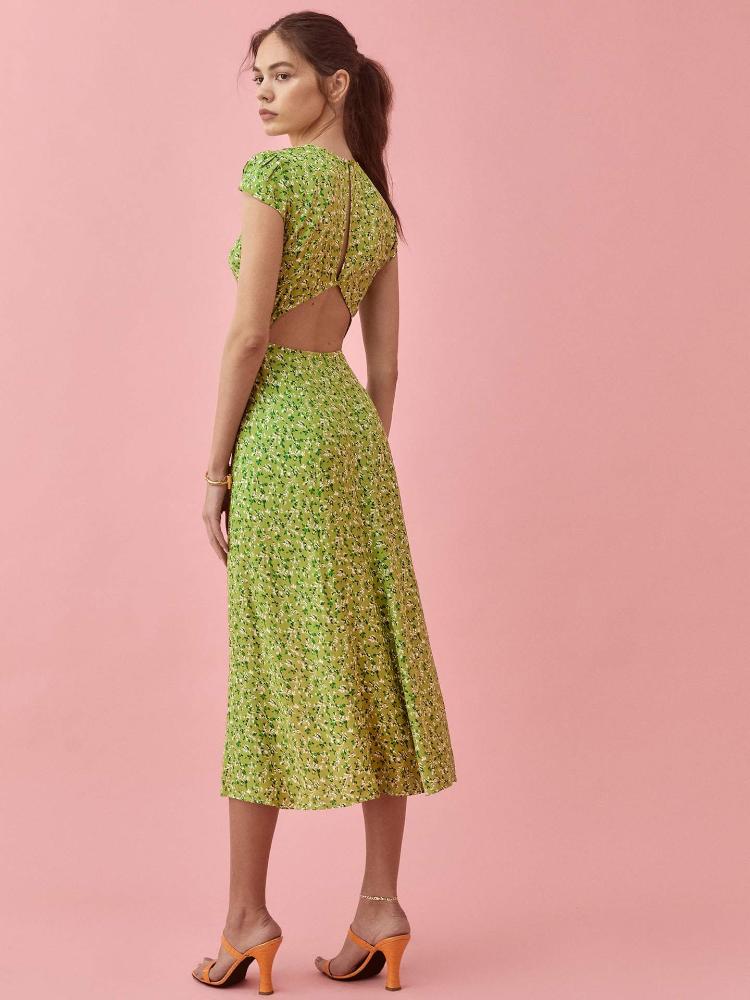 Krystel® | Printed Round Neck Midi Summer Dress With Slit