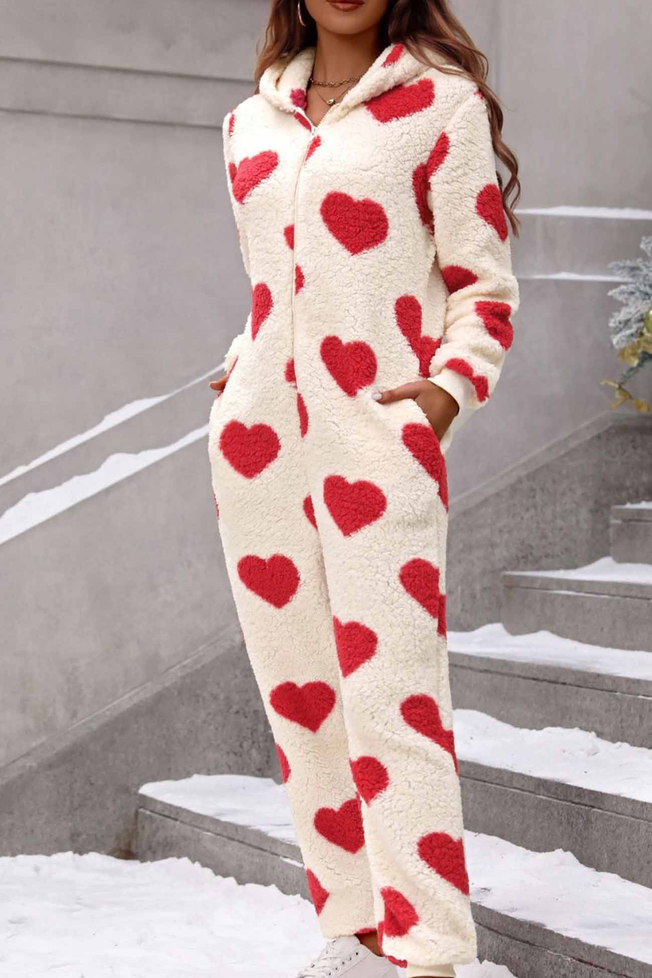 Vittoria | Plush heart jumpsuits with hood and zip