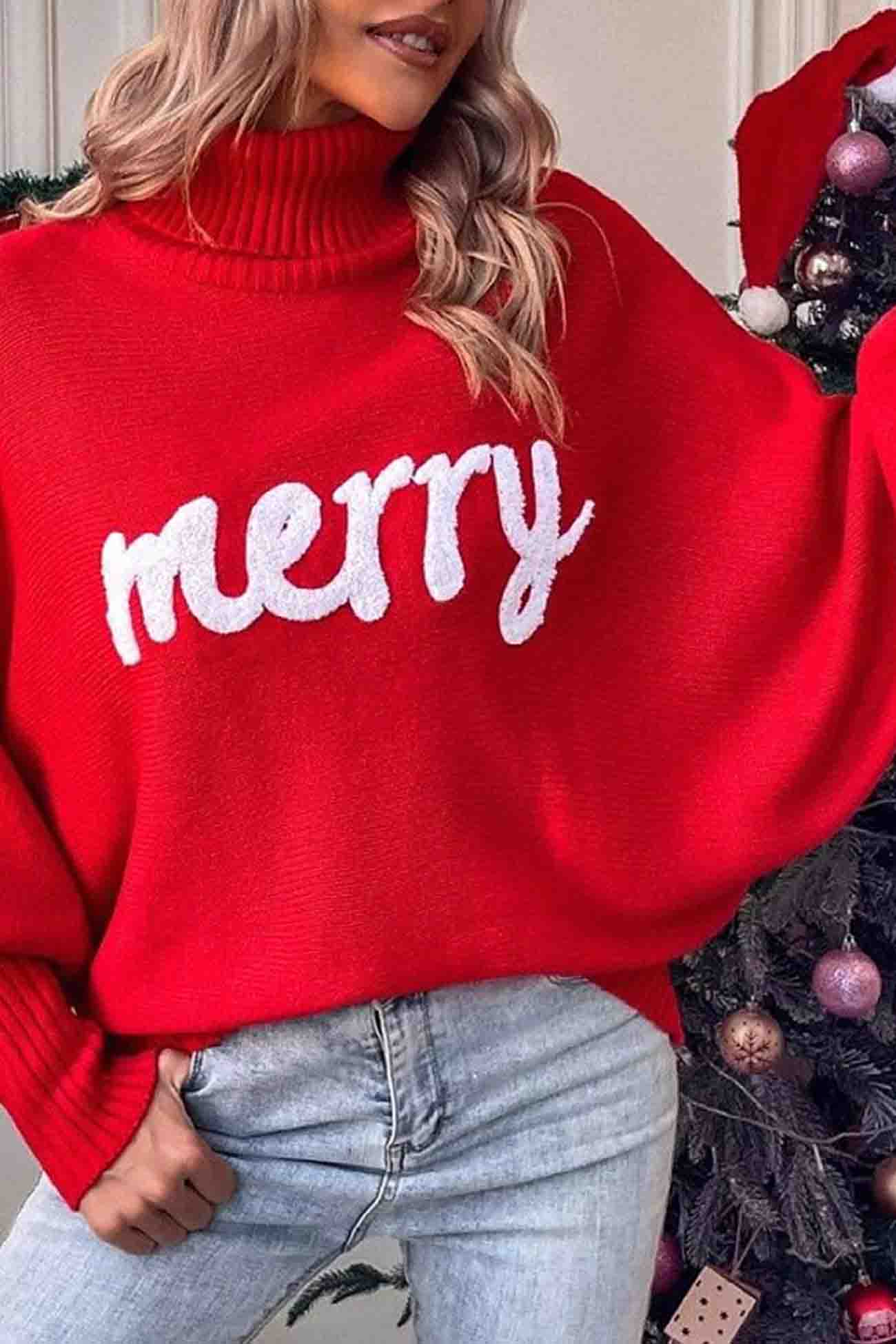 Theresa | Cheerful turtleneck knit sweater with printed sleeves