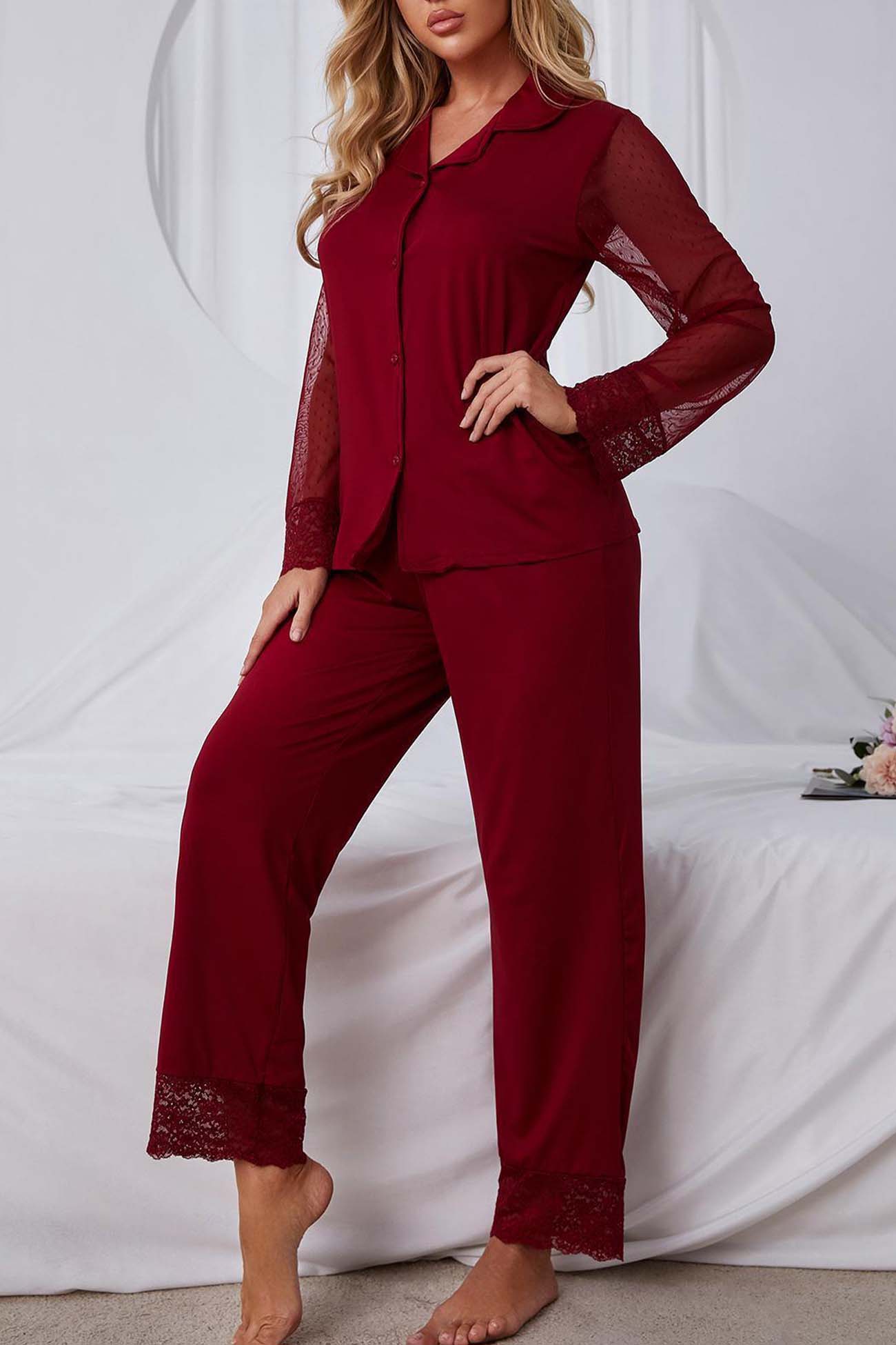 Annabelle | Mesh lace long sleeve pajama set