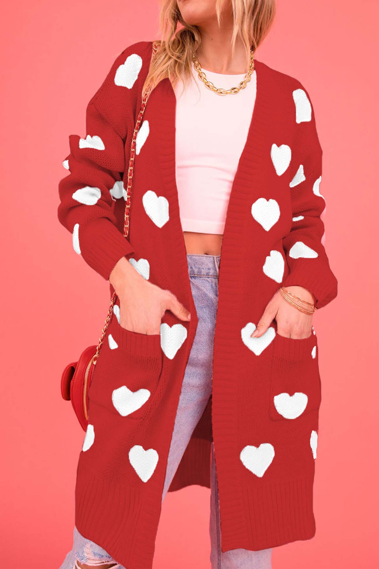 Kristina | Long cardigan with a sweetheart neckline and open front pocket