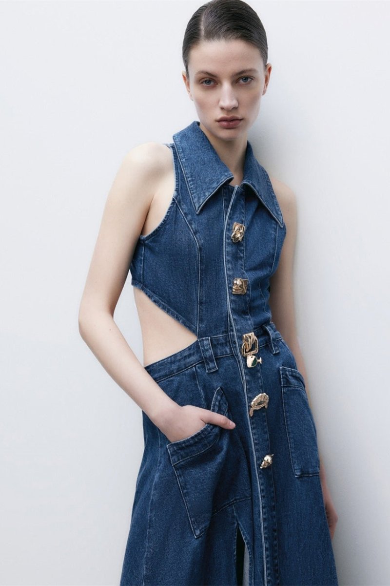 Raquel® | Maxi Denim Dress With Lapel Collar And Cut-Outs