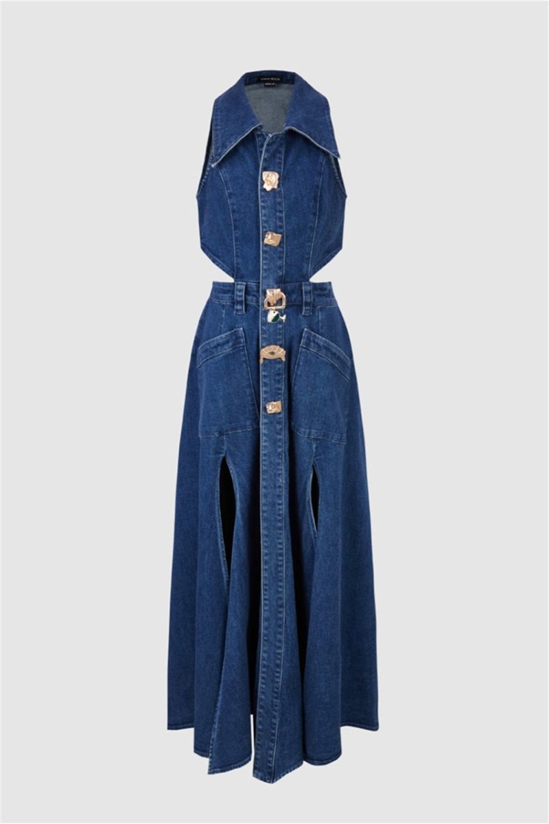 Raquel® | Maxi Denim Dress With Lapel Collar And Cut-Outs