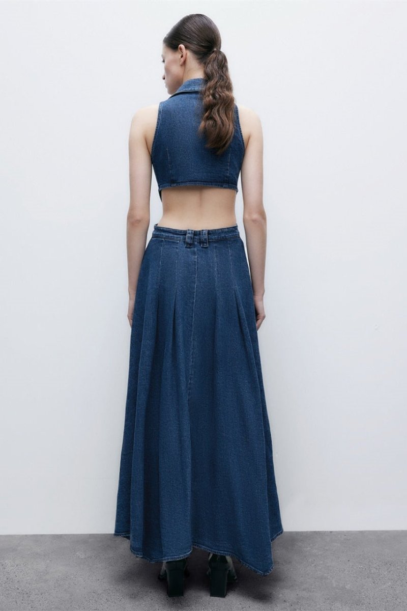 Raquel® | Maxi Denim Dress With Lapel Collar And Cut-Outs