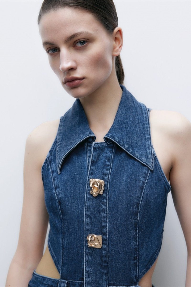 Raquel® | Maxi Denim Dress With Lapel Collar And Cut-Outs