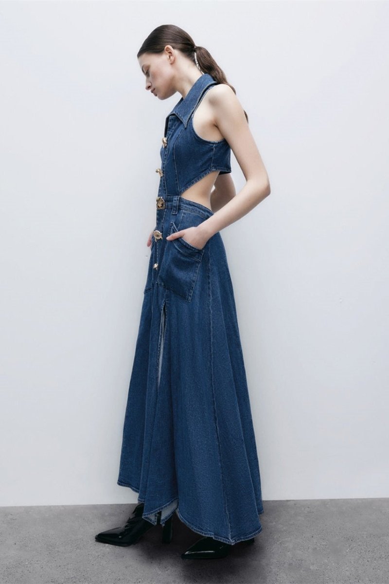 Raquel® | Maxi Denim Dress With Lapel Collar And Cut-Outs