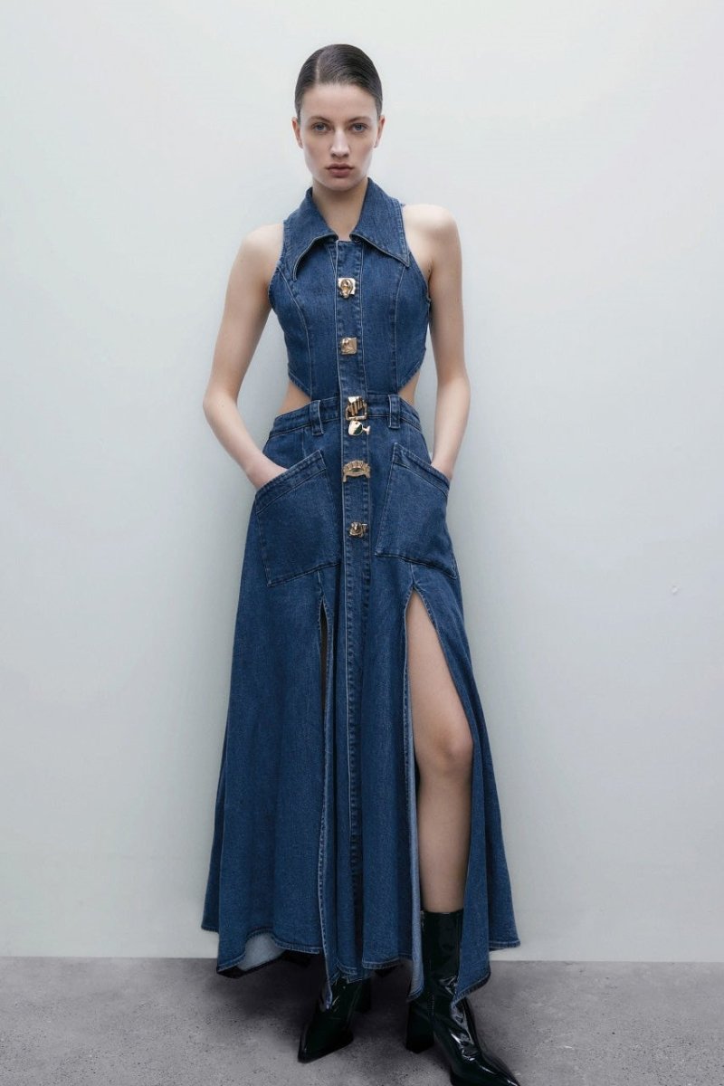 Raquel® | Maxi Denim Dress With Lapel Collar And Cut-Outs
