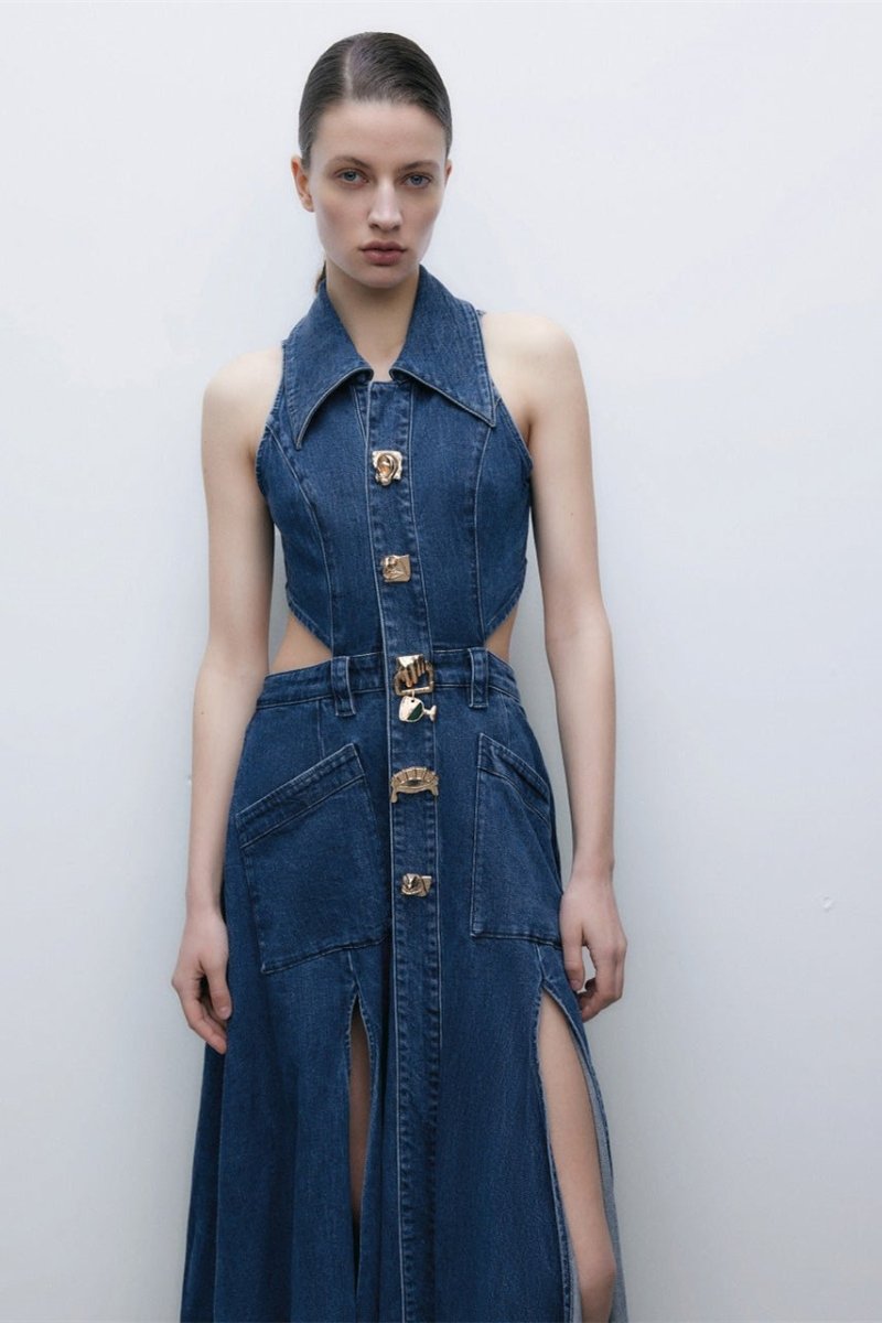 Raquel® | Maxi Denim Dress With Lapel Collar And Cut-Outs