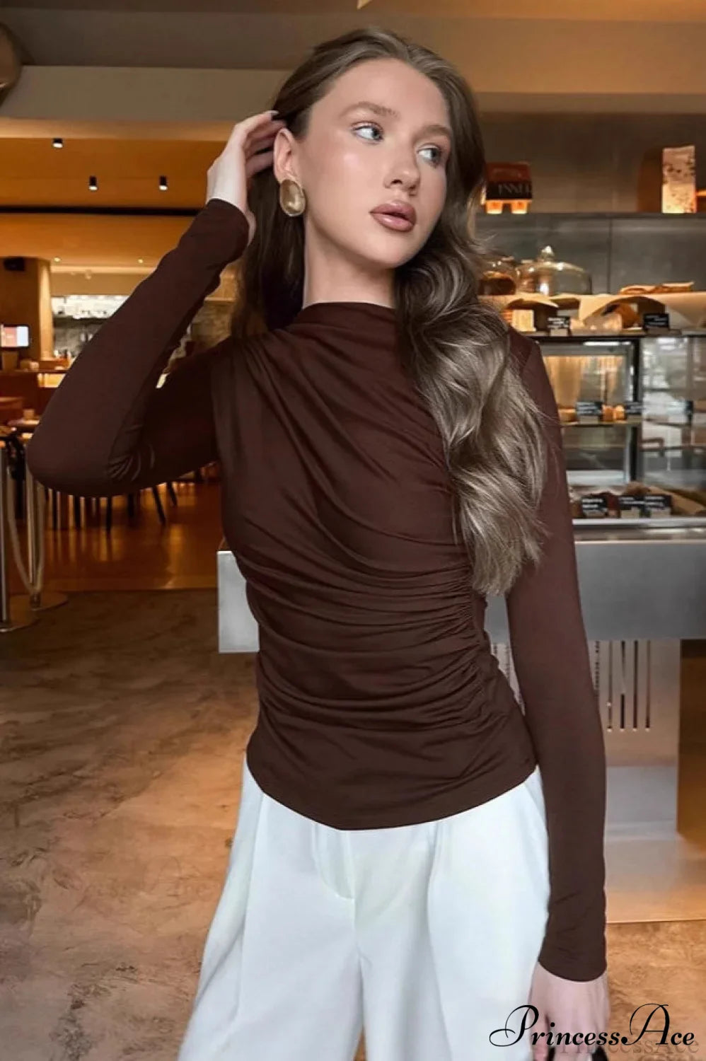 Retro Brown Slim Crew Neck Waist Cinched Long Sleeve Tee