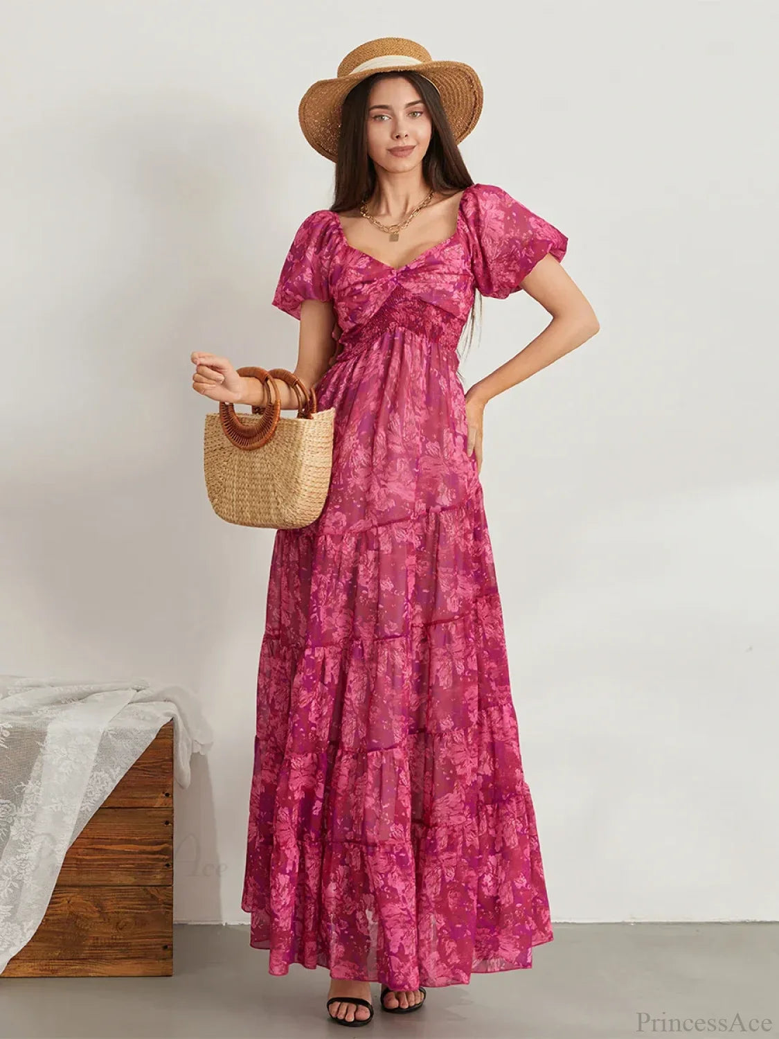 Retro Floral Print Swing Puff Short Sleeve Sweetheart Neck A-Line Beach Dress