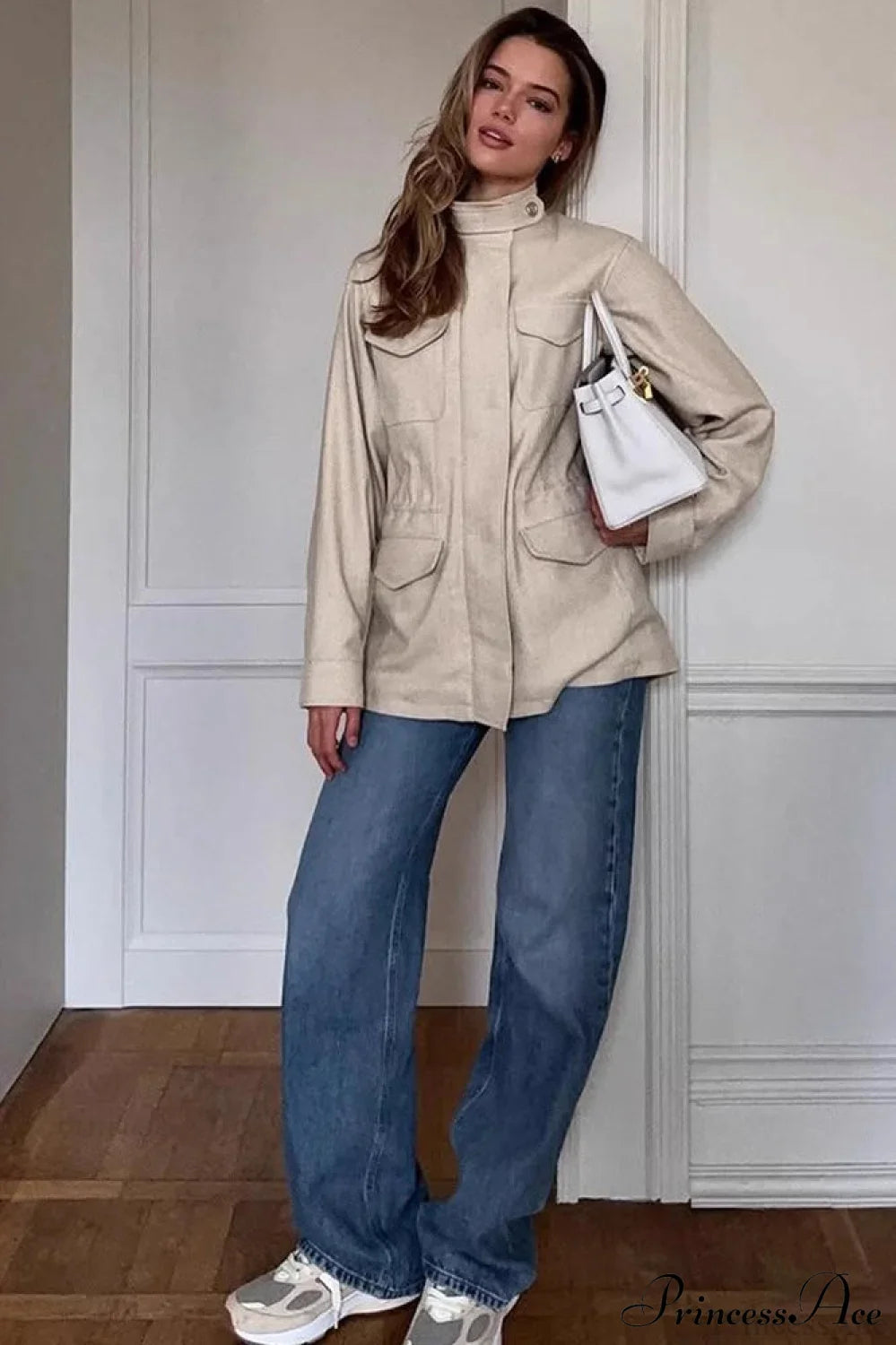 Retro Solid Collared Elastic-Waist Long-Sleeve Trench Jacket