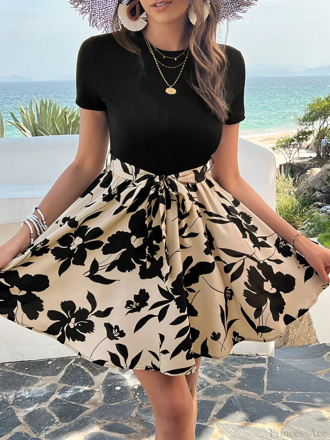 Retro Spliced High Waist Floral Print Dress
