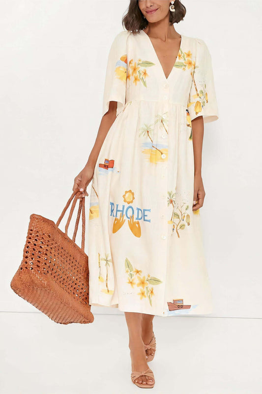 Noelia® | Printed Linen Midi Dress