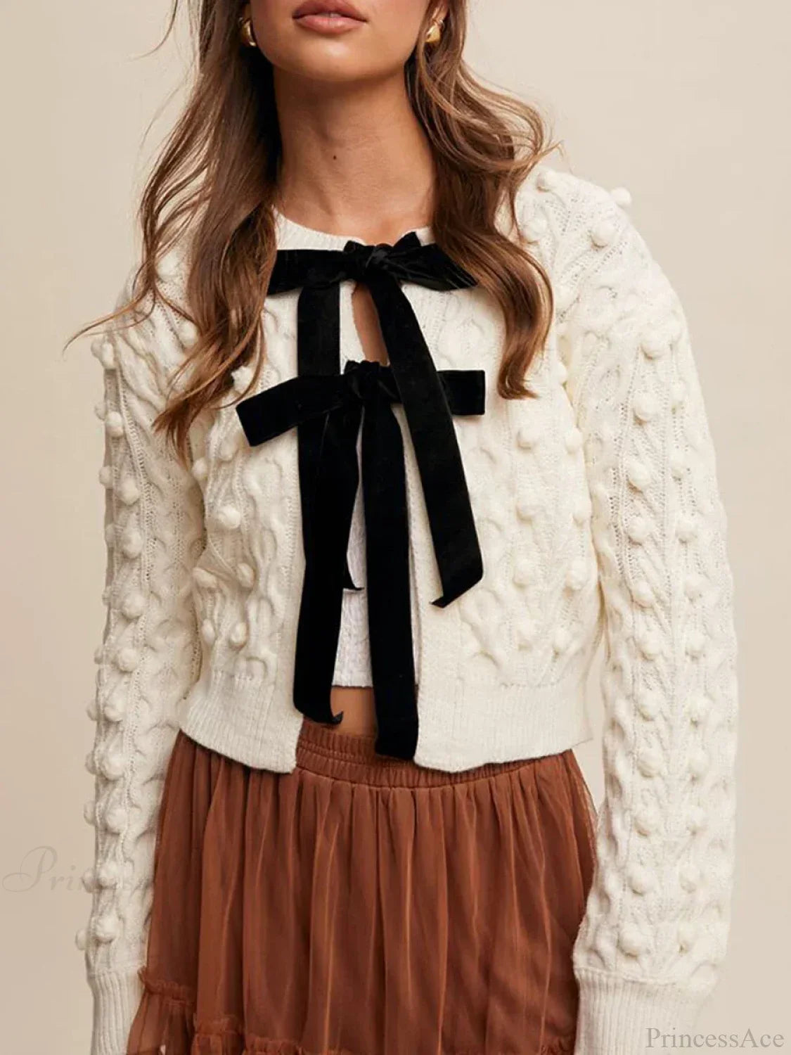 Ribbed Bow Tie Cable Knit Cardigan