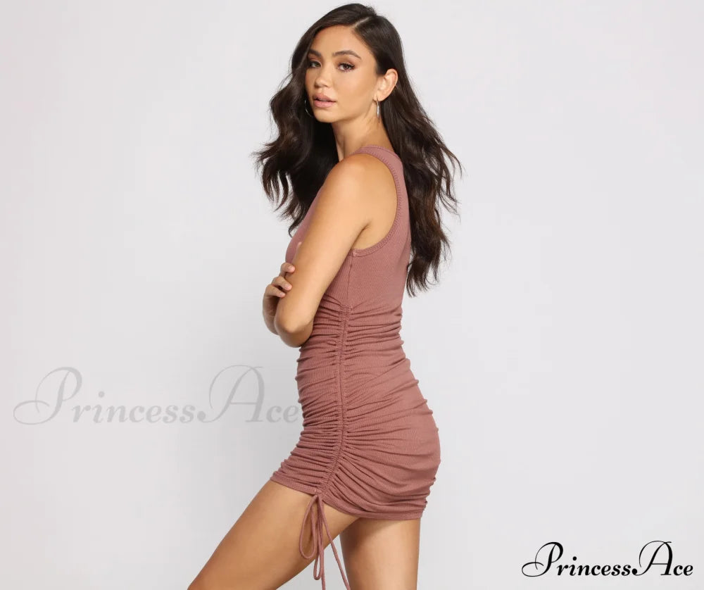 Ribbed Knit Stylish Ruched Mini Dress