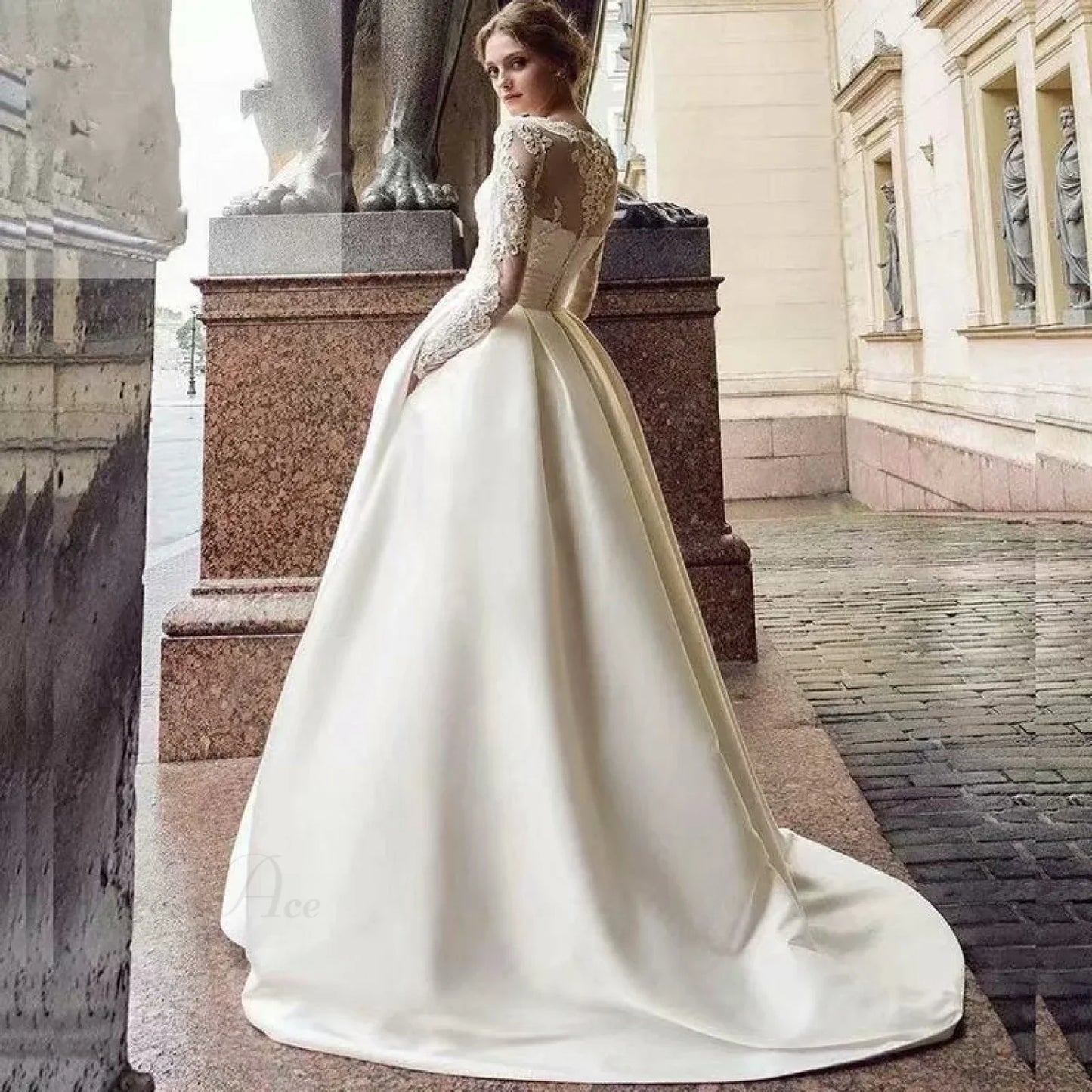 Round Neck Lace Satin Wedding Dress