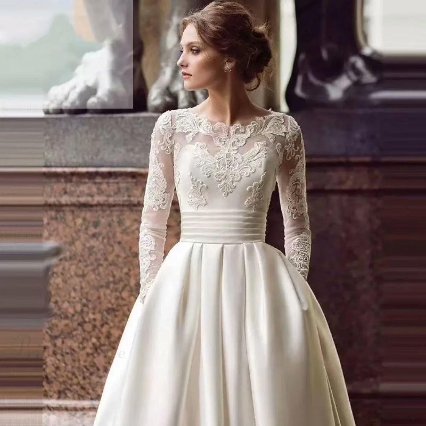 Round Neck Lace Satin Wedding Dress