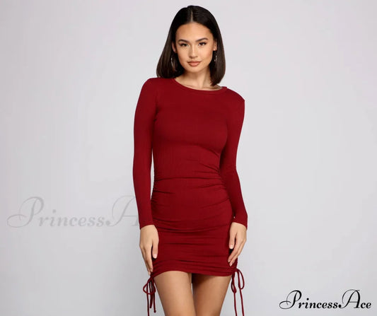 Ruched And Ribbed Knit Graceful Crew Neck Mini Dress