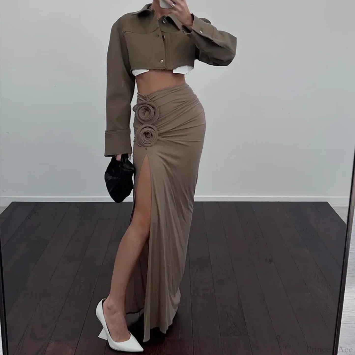 Ruched Split Floral Applique Maxi Skirt