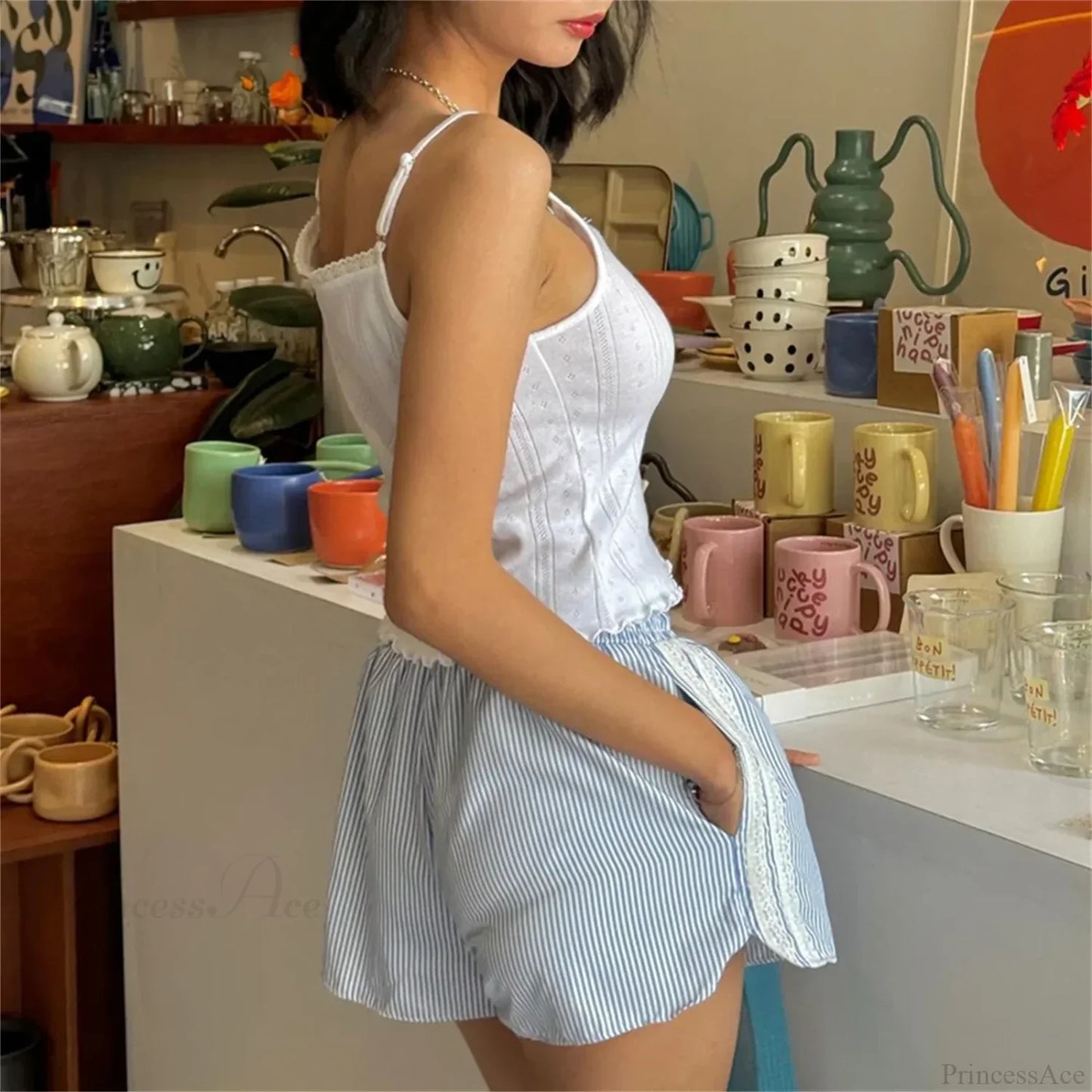 Ruffled Lace Trim Striped Short