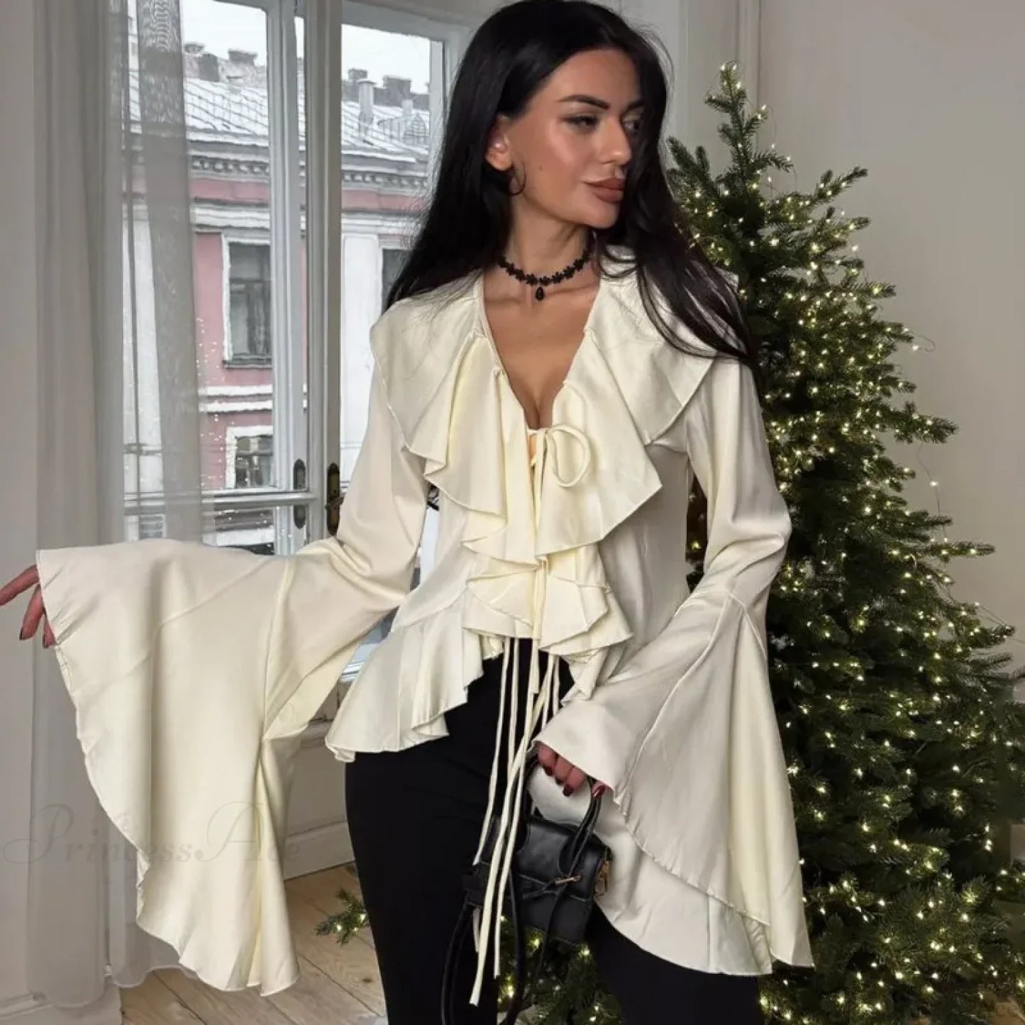 Ruffled Lace-Up V-neck Casual Long Sleeve Blouse