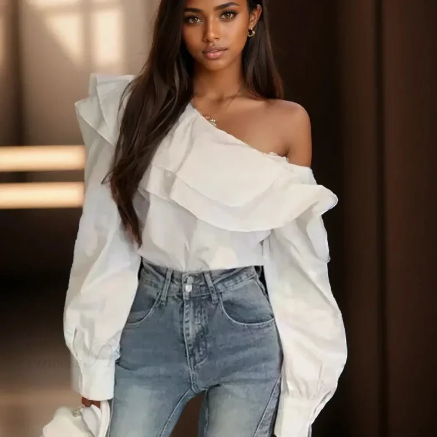 Ruffled Off Shoulder Slim Fit Casual Long Sleeve Blouse