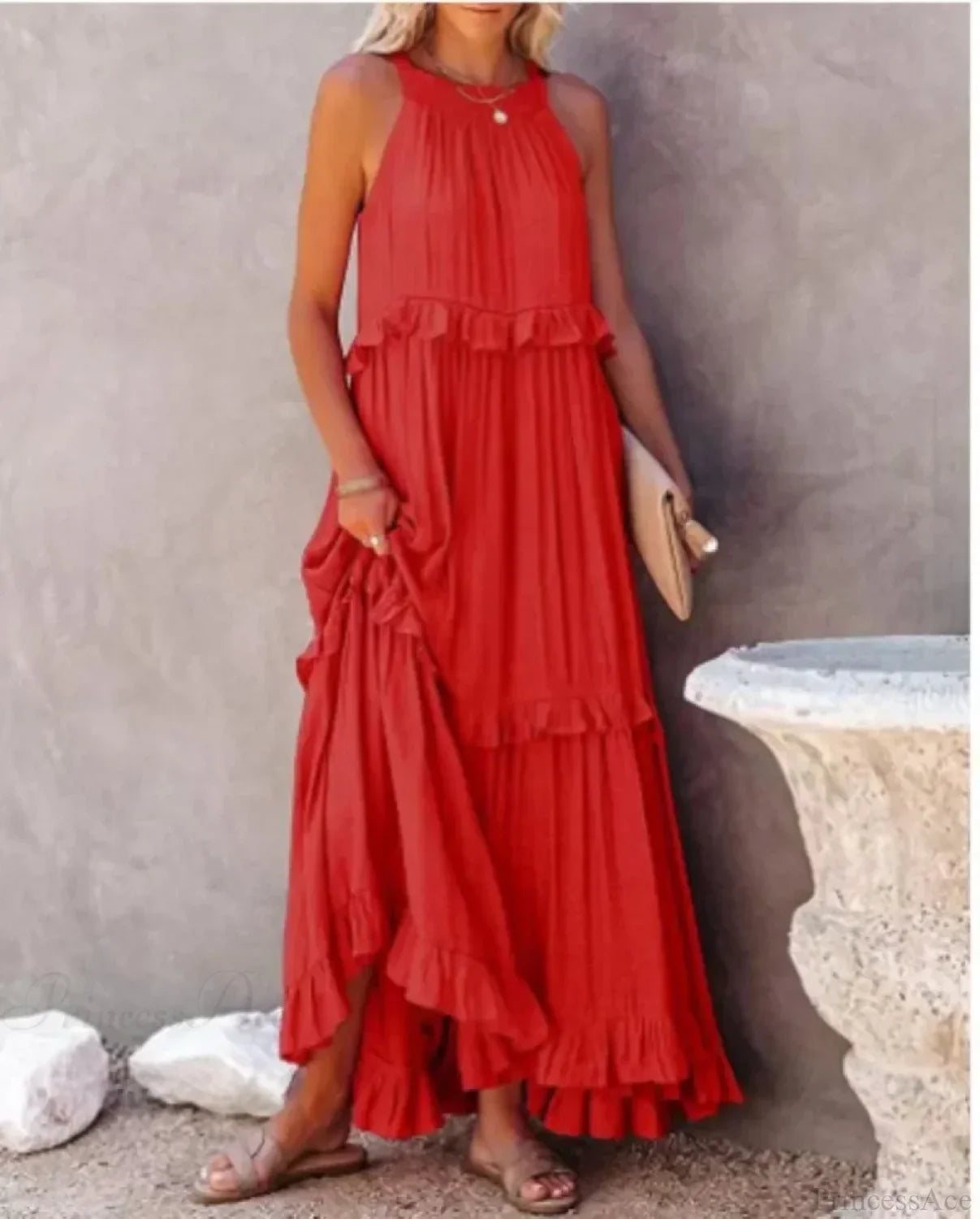 Ruffles Sexy Split Halter Sleeveless Big Hem Maxi Boho Dress