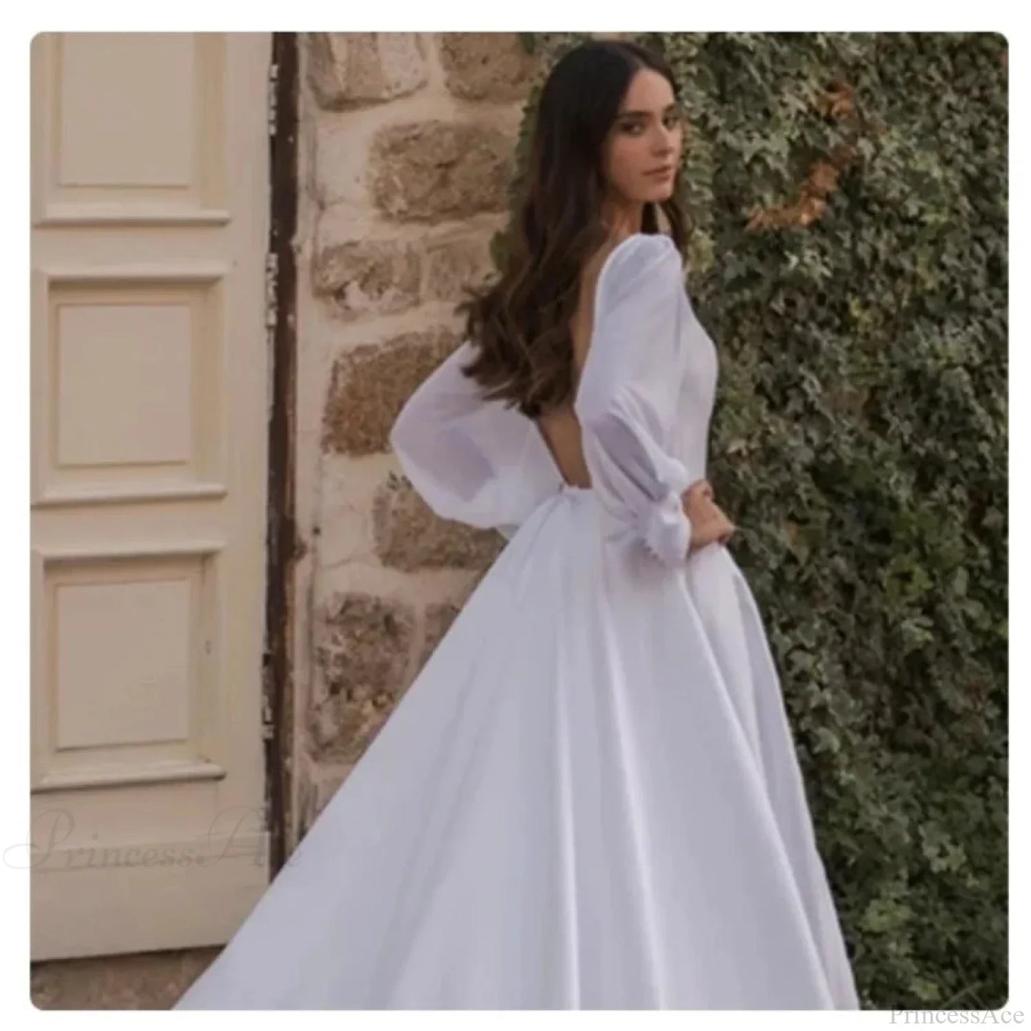 Satin Chiffon Sleeve Backless Wedding Dress