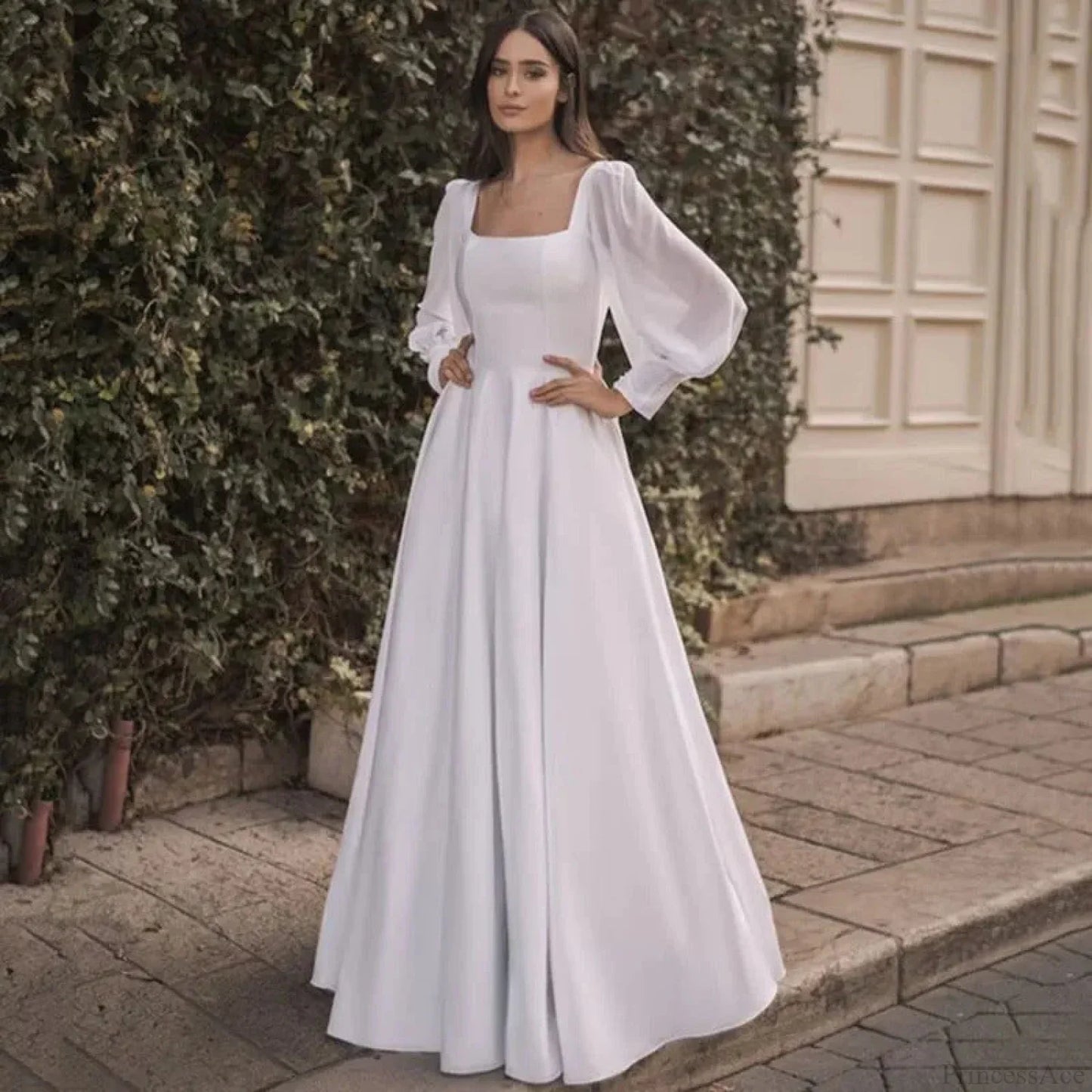 Satin Chiffon Sleeve Backless Wedding Dress